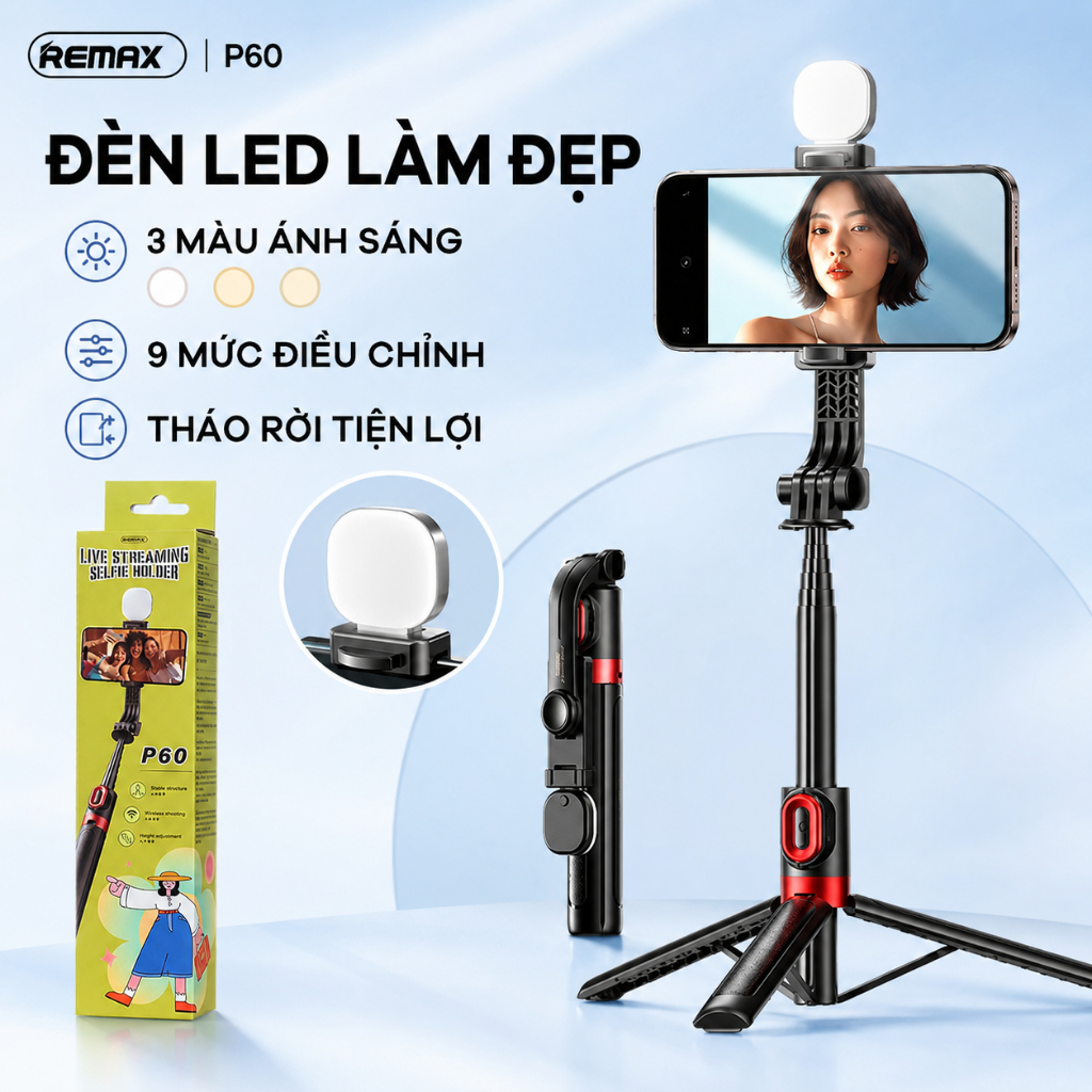Gậy chụp hình Remax P60 Có Đèn. Dài 130cm