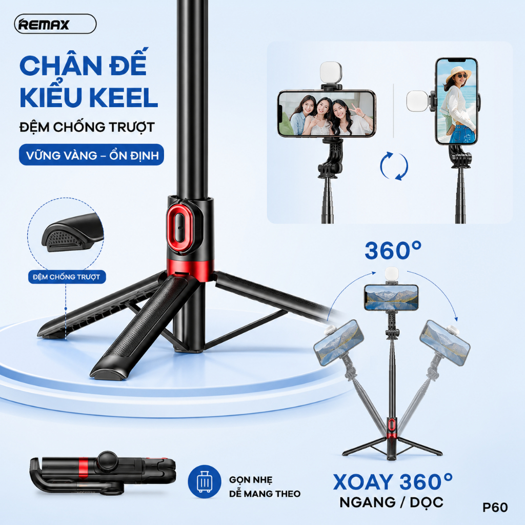 Gậy chụp hình Remax P60 Có Đèn. Dài 130cm