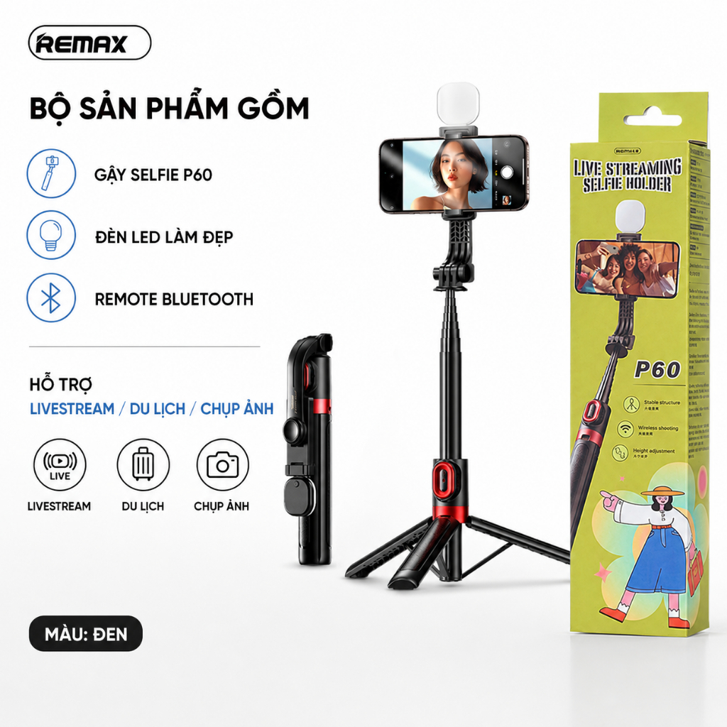 Gậy chụp hình Remax P60 Có Đèn. Dài 130cm