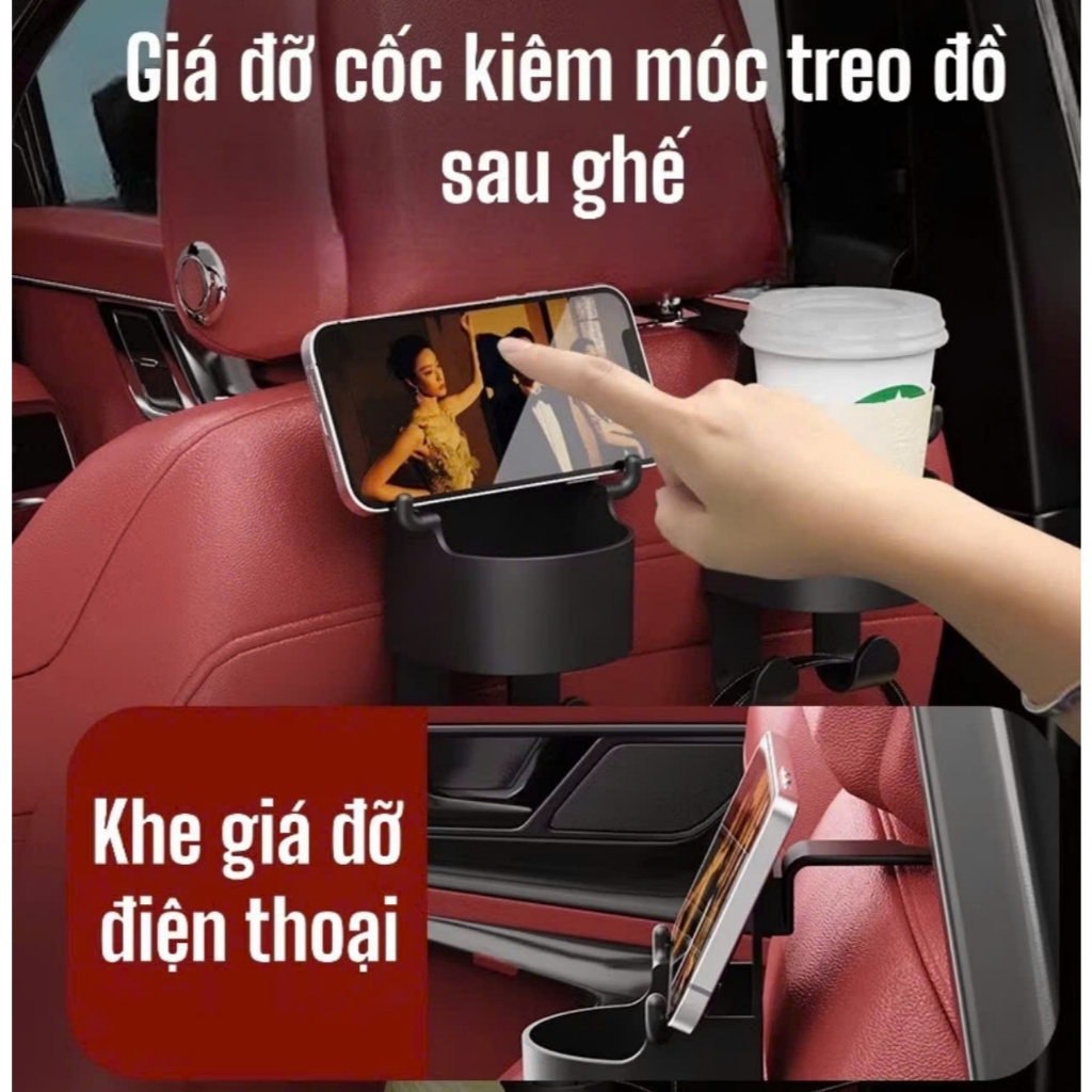 Giá đỡ cốc nước điện thoại kiêm 2 móc treo đồ treo sau ghế ô tô
