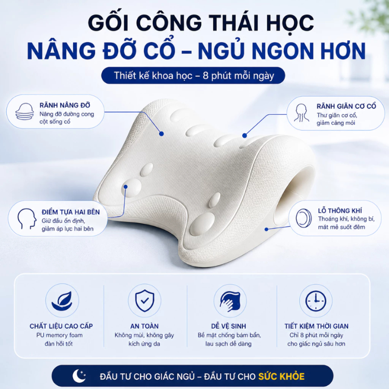 Gối Massage Kê Cổ Gáy Công Thái Học Kéo Dãn Đốt Sống