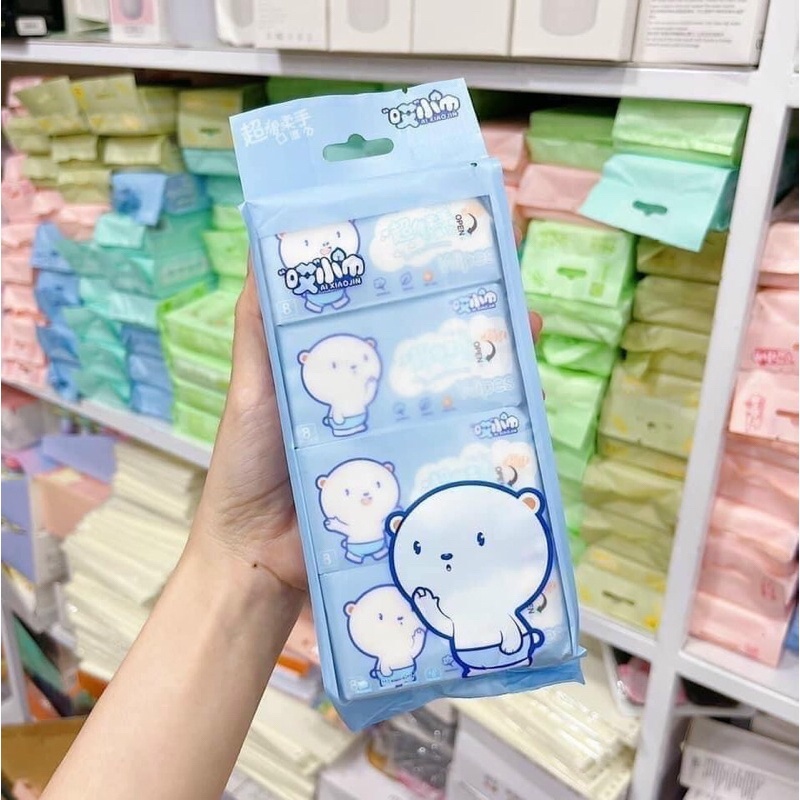Gói Set 8 Bịt Khăn Ướt Mini Bỏ Túi và 1 Gói Khăn Giấy Ướt Baby Wipes 80g