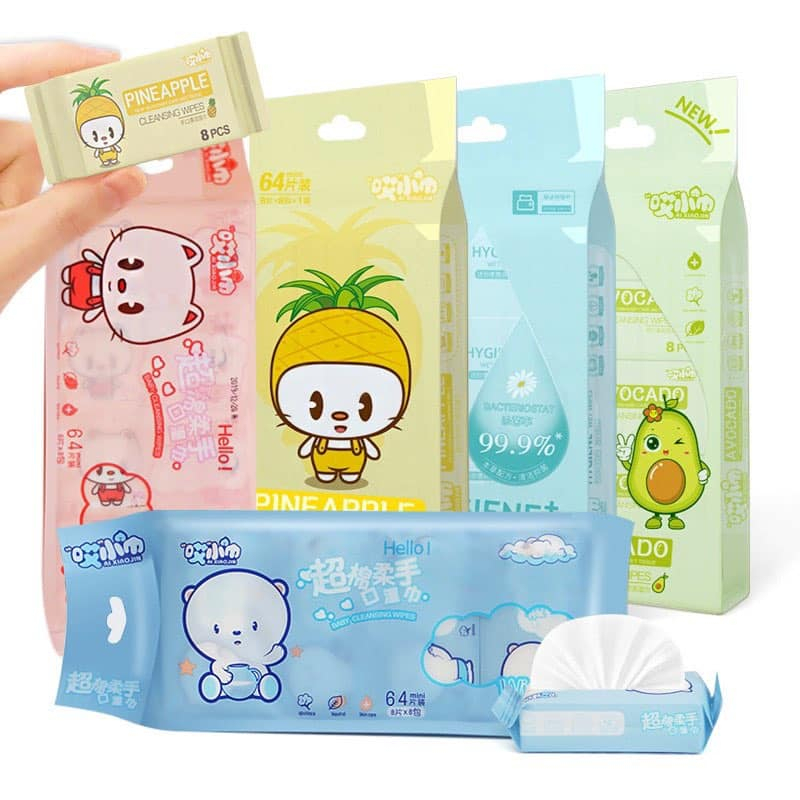 Gói Set 8 Bịt Khăn Ướt Mini Bỏ Túi và 1 Gói Khăn Giấy Ướt Baby Wipes 80g