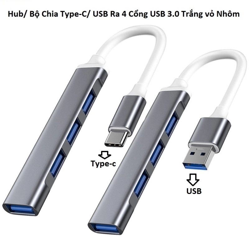 Cáp Chia TypeC Ra 4 Cổng USB 3.0 Trắng Vỏ Nhôm