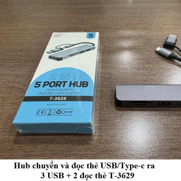 Hub Chuyển Và đọc Thẻ USB/TypeC Ra 3 USB + 2 đọc Thẻ T-3629