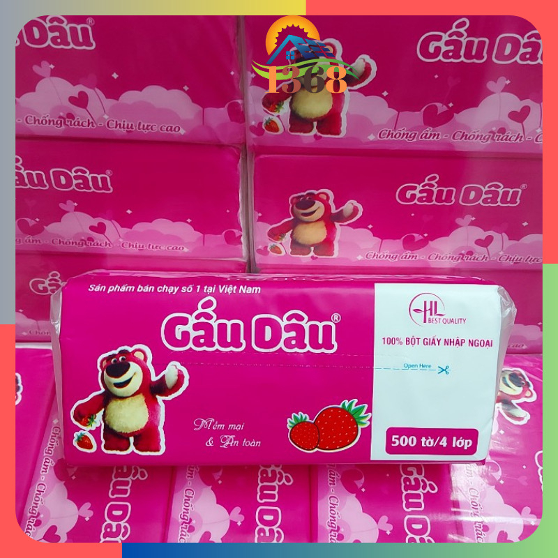Khăn Giấy Khô Gấu Dâu (Gói 500 Tờ X 4 Lớp)