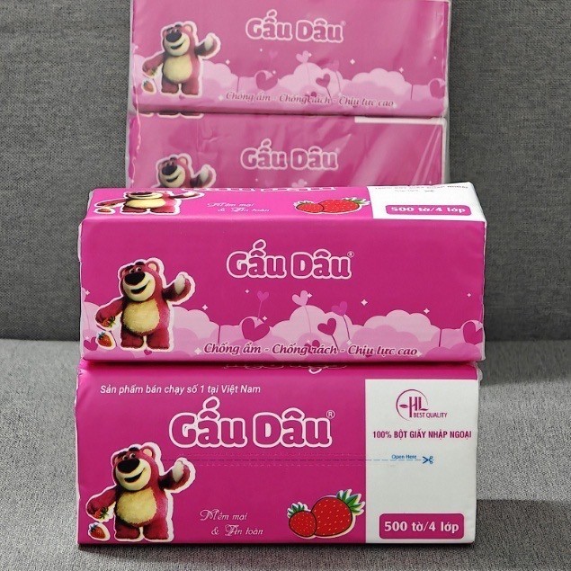 Khăn Giấy Khô Gấu Dâu (Gói 500 Tờ X 4 Lớp)