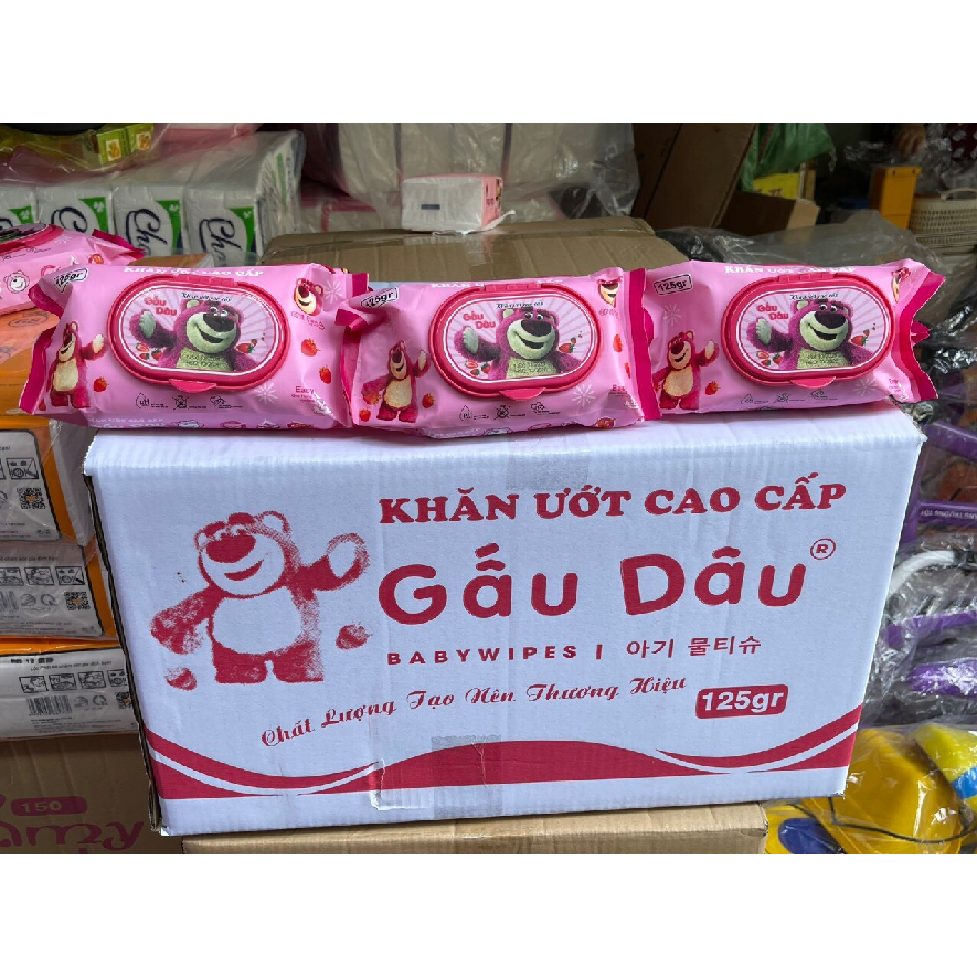 Khăn Giấy Ướt Gấu Dâu Trắng Hàng Xịn.Nhỏ 125g 19x16cm