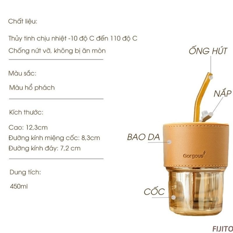 Ly thủy tinh Bao da có ống hút 45ml loại thấp