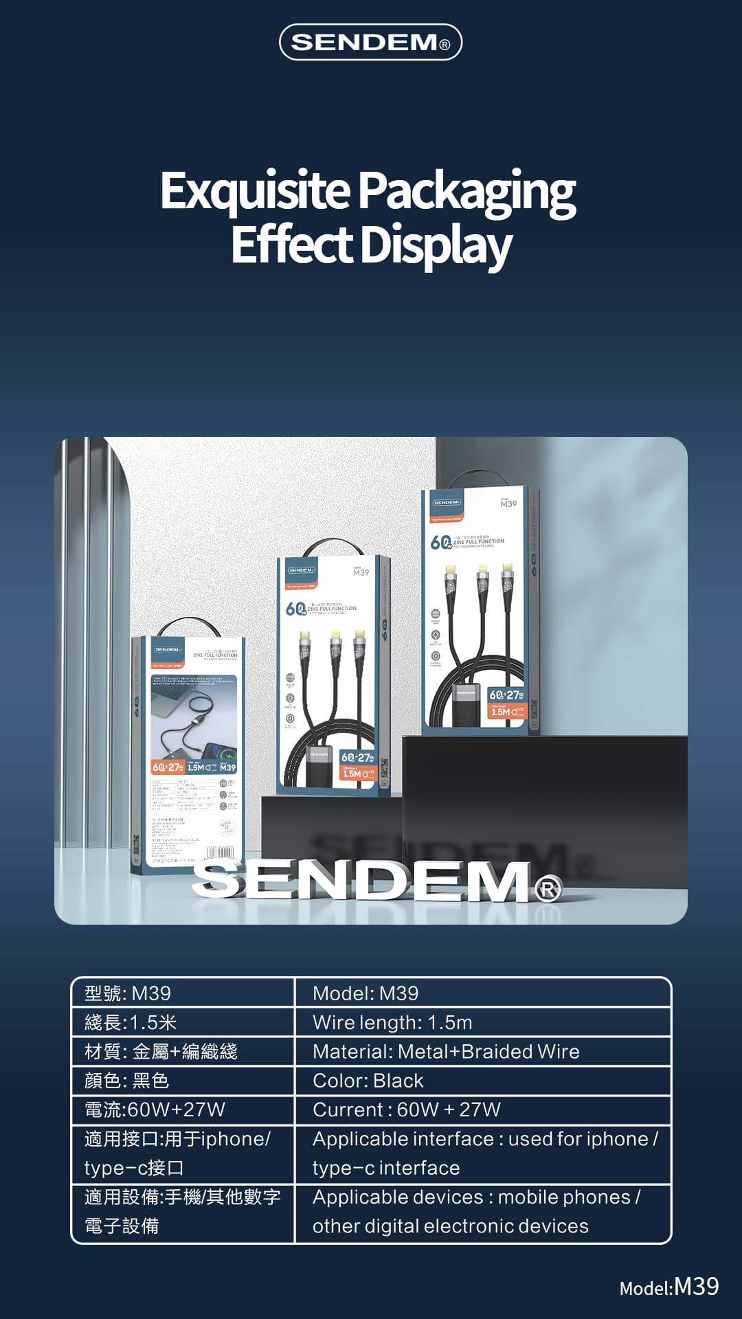 Cáp sạc TypeC-TypeC 2 đầu 60w Sendem M39