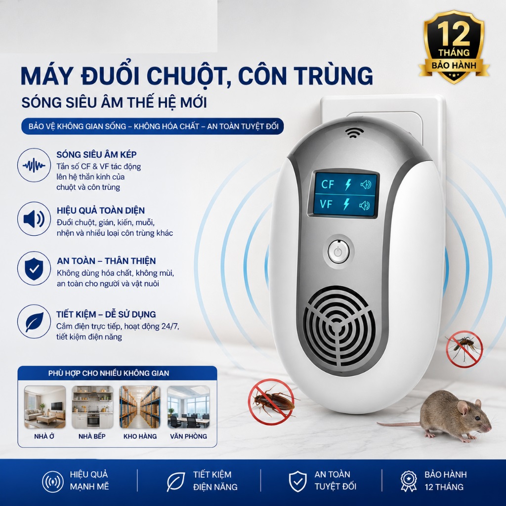 Máy Đuổi Chuột Gián Muỗi Ruồi Kiến Mối Côn Trùng Electronic Có LCD màu inbox hay ngãu nhiên