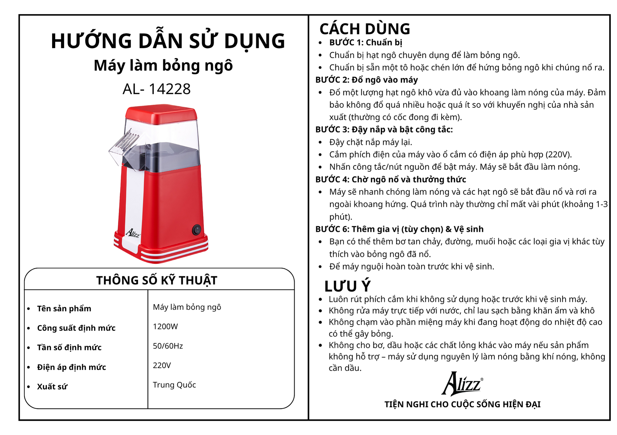 Máy làm bỏng ngô/ bắp ALIZZ AL-14228