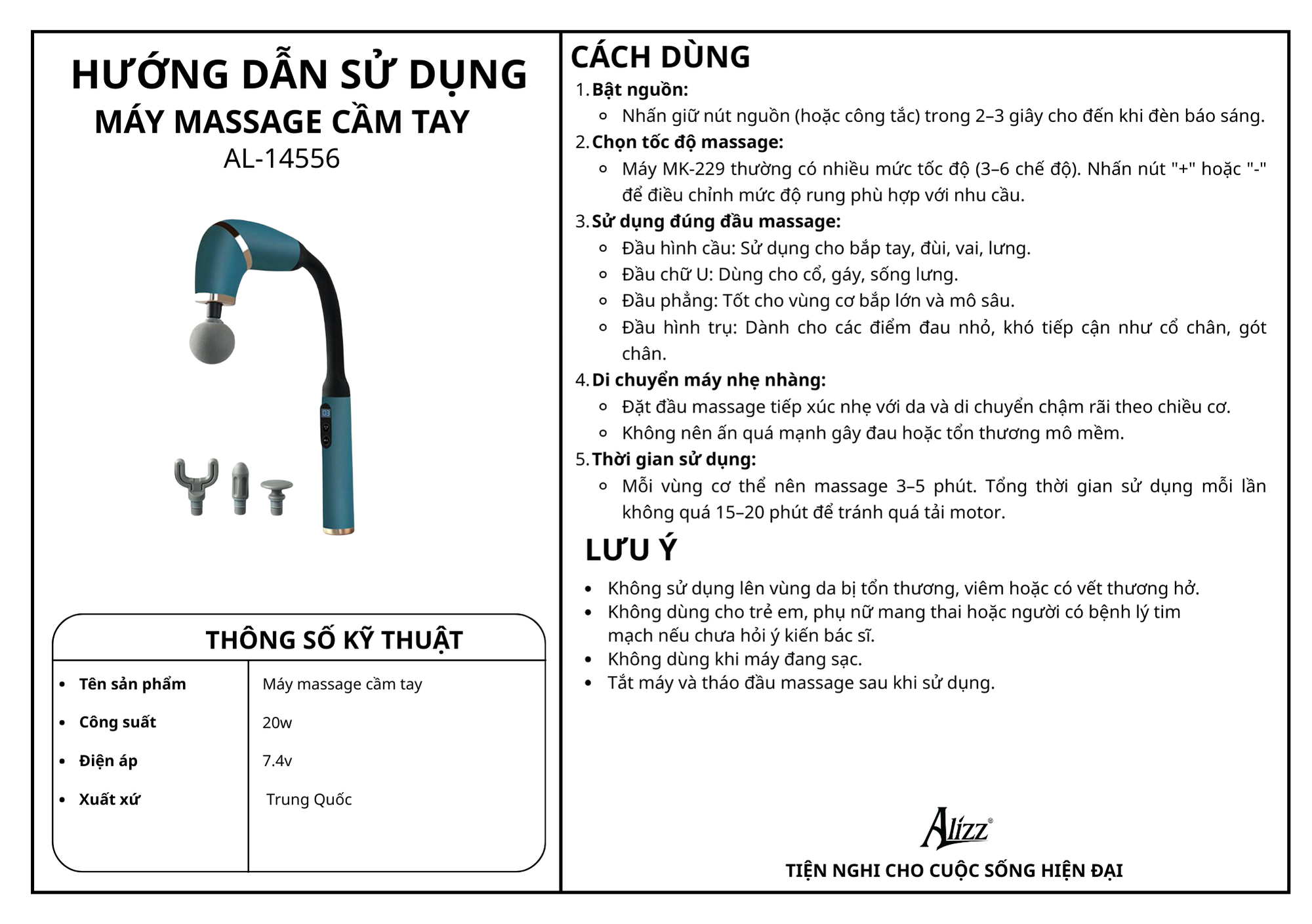 Máy massage cầm tay dạng cong ALIZZ AL-14556. . DP/B.Hiền/KSWT