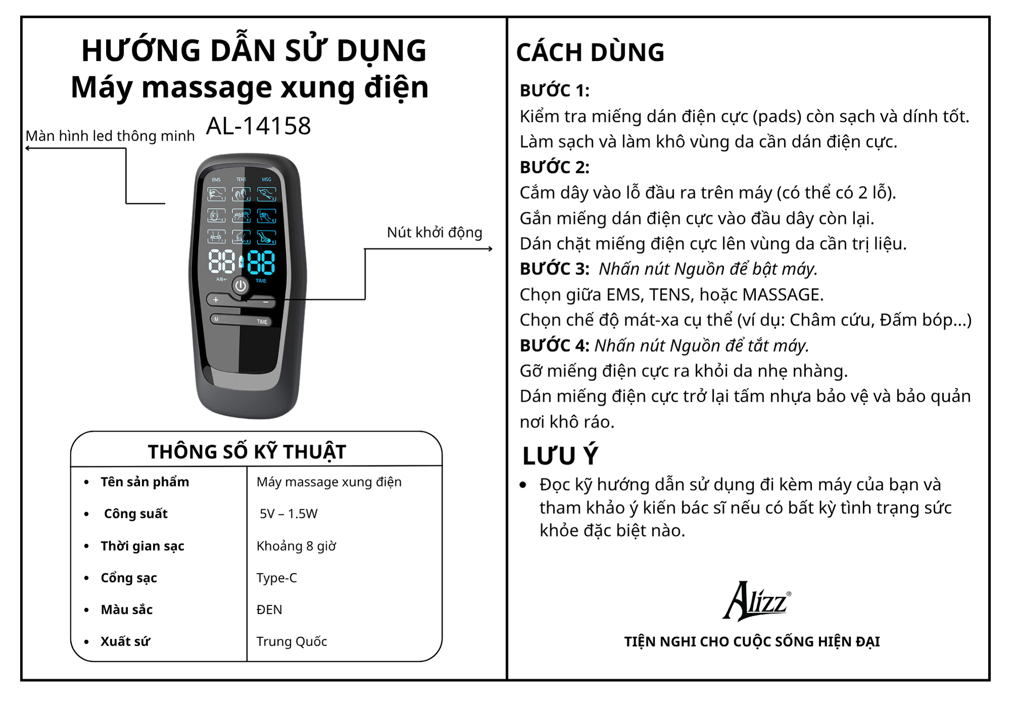 Máy massage xung điện 9 Chế Độ Châm Cứu ALIZZ -AL 14158