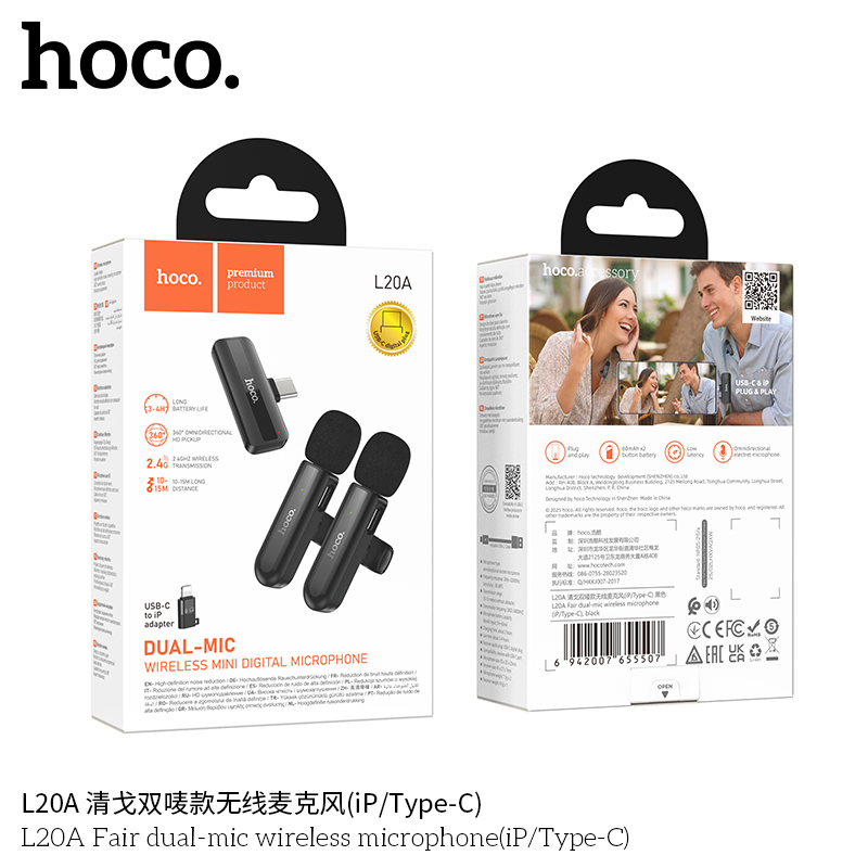 Mic thu âm Hoco L20A 2 đầu typeC/lighting IP