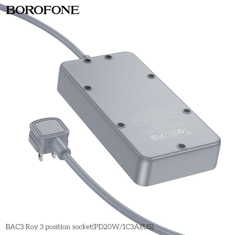 Ổ cắm Borofone BAC3 3 vị trí 1C3A 250V/20W 1.5m