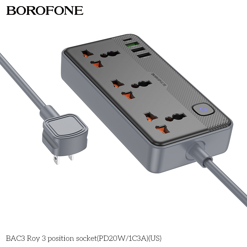 Ổ cắm Borofone BAC3 3 vị trí 1C3A 250V/20W 1.5m