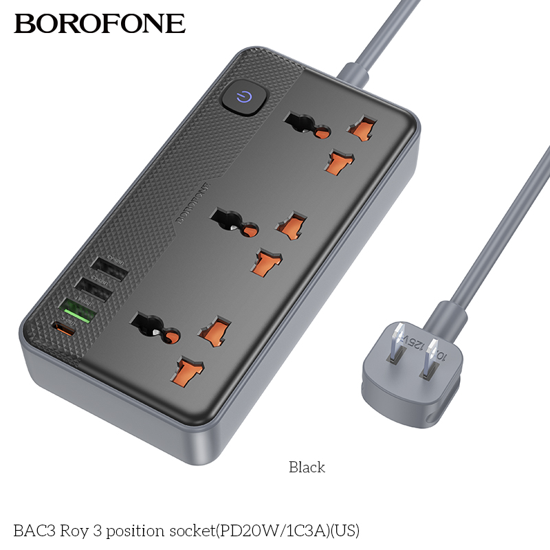 Ổ cắm Borofone BAC3 3 vị trí 1C3A 250V/20W 1.5m