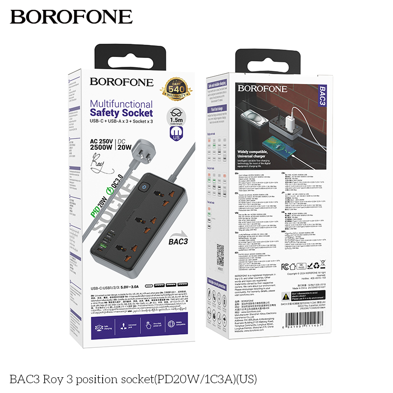 Ổ cắm Borofone BAC3 3 vị trí 1C3A 250V/20W 1.5m