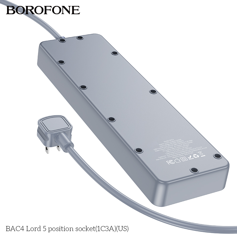Ổ cắm Borofone BAC4 5 vị trí 1C3A 250V/12W 1.5m