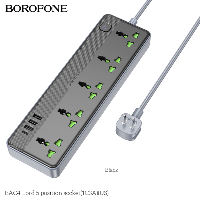 Ổ cắm Borofone BAC4 5 vị trí 1C3A 250V/12W 1.5m
