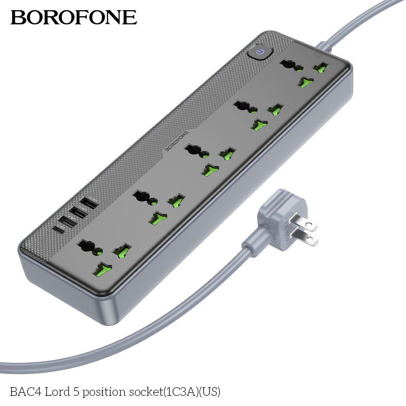 Ổ cắm Borofone BAC4 5 vị trí 1C3A 250V/12W 1.5m