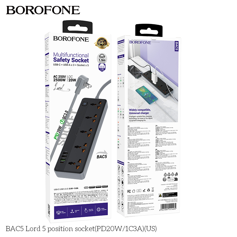 Ổ cắm 5 vị trí Borofone BAC5 (PD20W/1C3A)