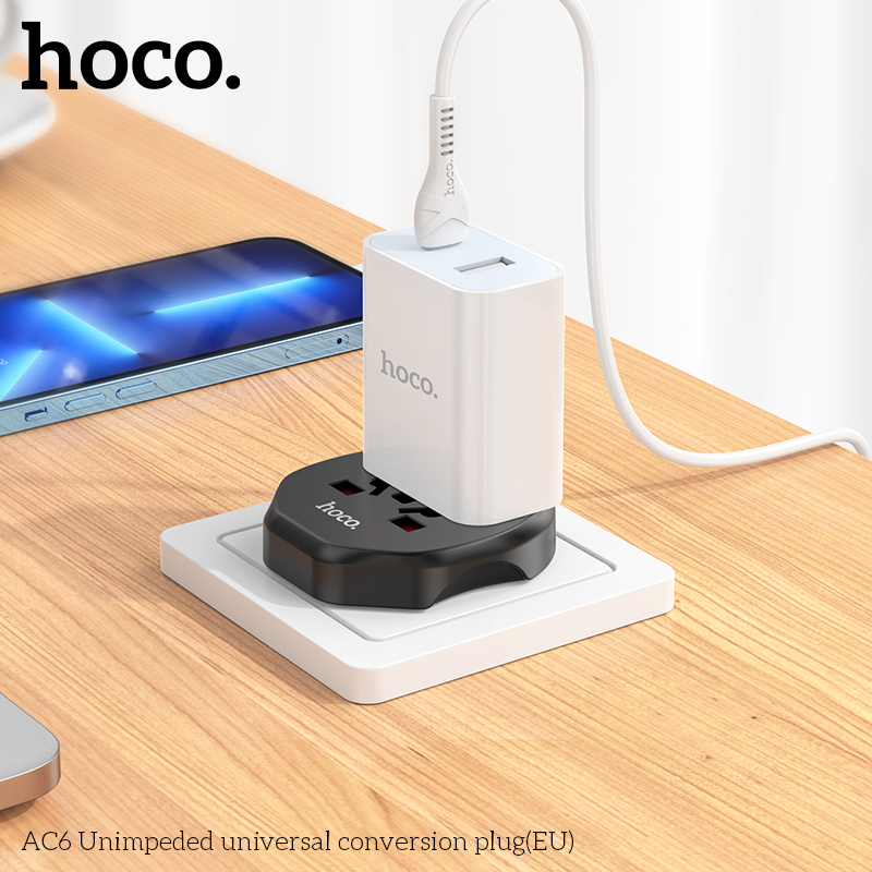 Ổ cắm điện đa năng Hoco AC6 chuyển đổi Phích cắm US sang eU) du lịch- Đen