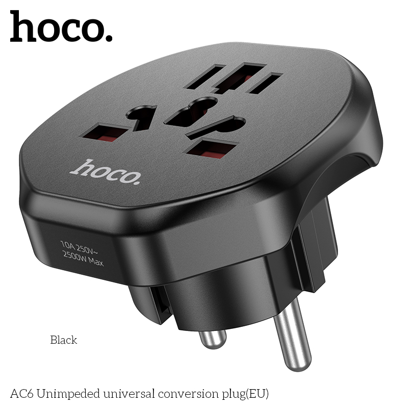 Ổ cắm điện đa năng Hoco AC6 chuyển đổi Phích cắm US sang eU) du lịch- Đen