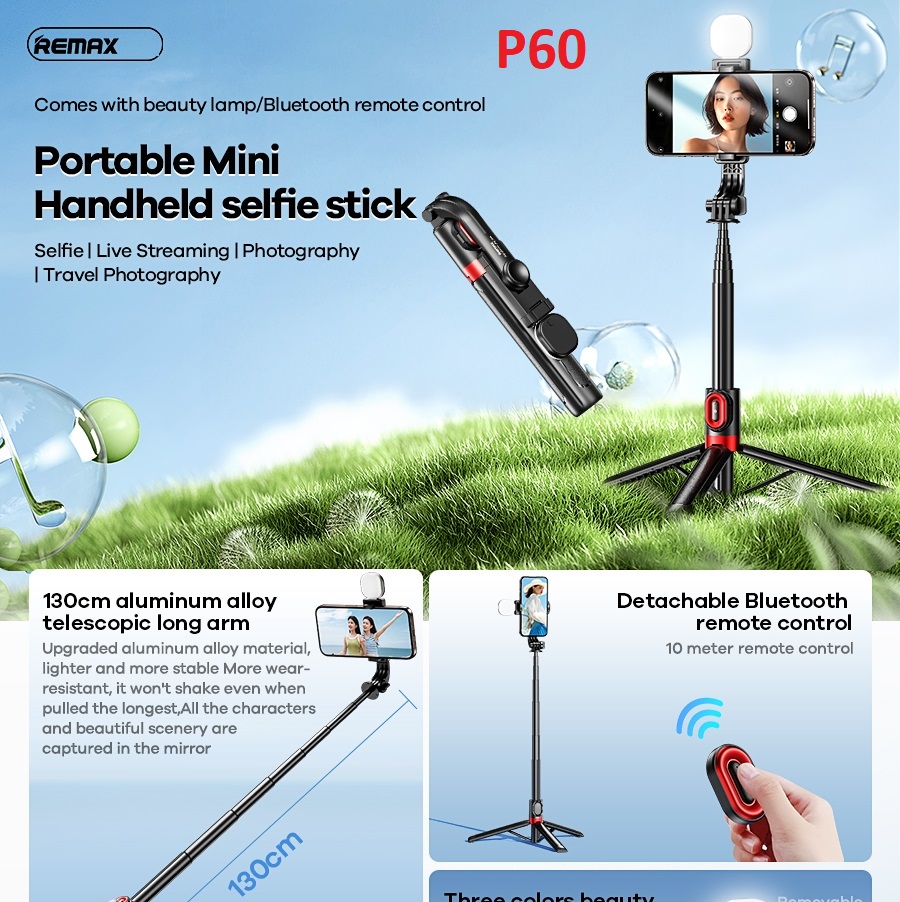 Gậy chụp hình Remax P60 Có Đèn. Dài 130cm