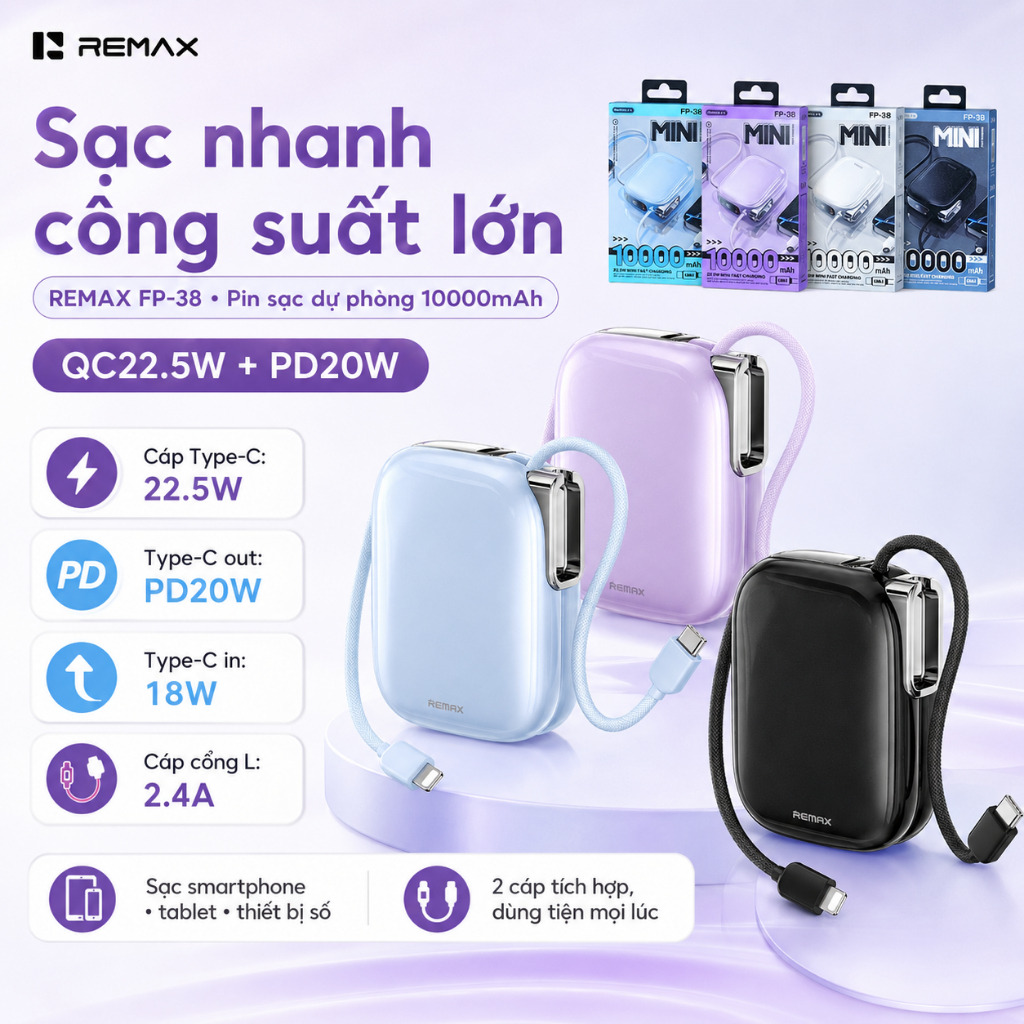 Sạc dự phòng Remax FP-38/MH136 10.000mah Siêu Nhỏ Gọn