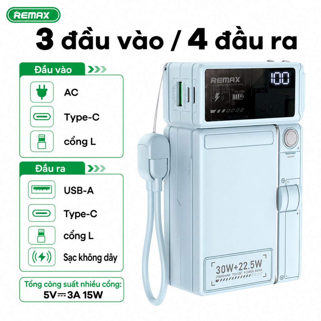 Sạc dự phòng Remax CP-19 20.000 30w Kiêm cốc sạc, Hít từ không dây