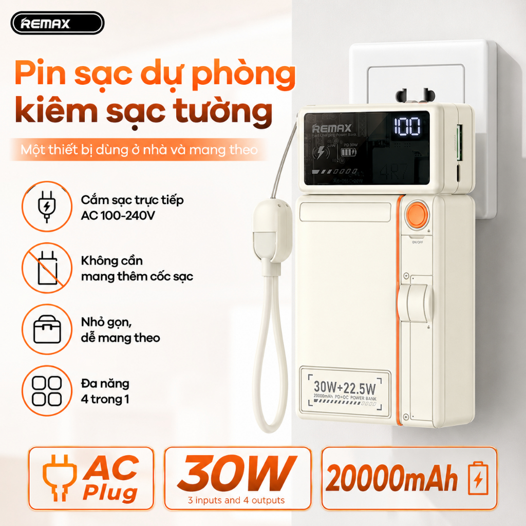 Sạc dự phòng Remax CP-19 20.000 30w Kiêm cốc sạc, Hít từ không dây