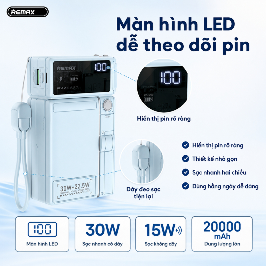 Sạc dự phòng Remax CP-19 20.000 30w Kiêm cốc sạc, Hít từ không dây