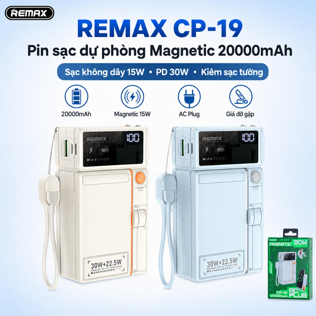 Sạc dự phòng Remax CP-19 20.000 30w Kiêm cốc sạc, Hít từ không dây