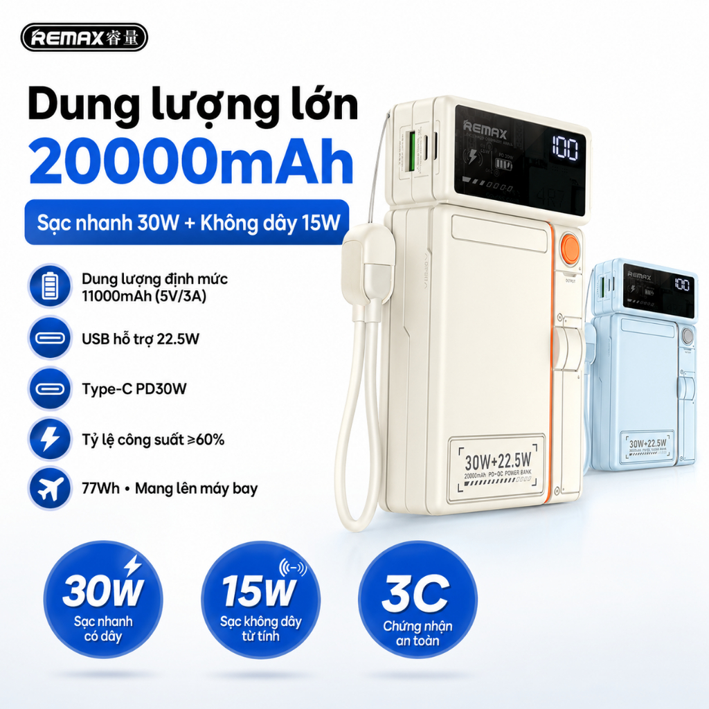 Sạc dự phòng Remax CP-19 20.000 30w Kiêm cốc sạc, Hít từ không dây