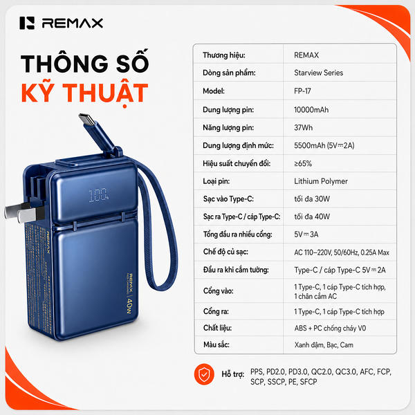Sạc dự phòng Sạc Nhanh 40W Remax FP-17 10.000mAh