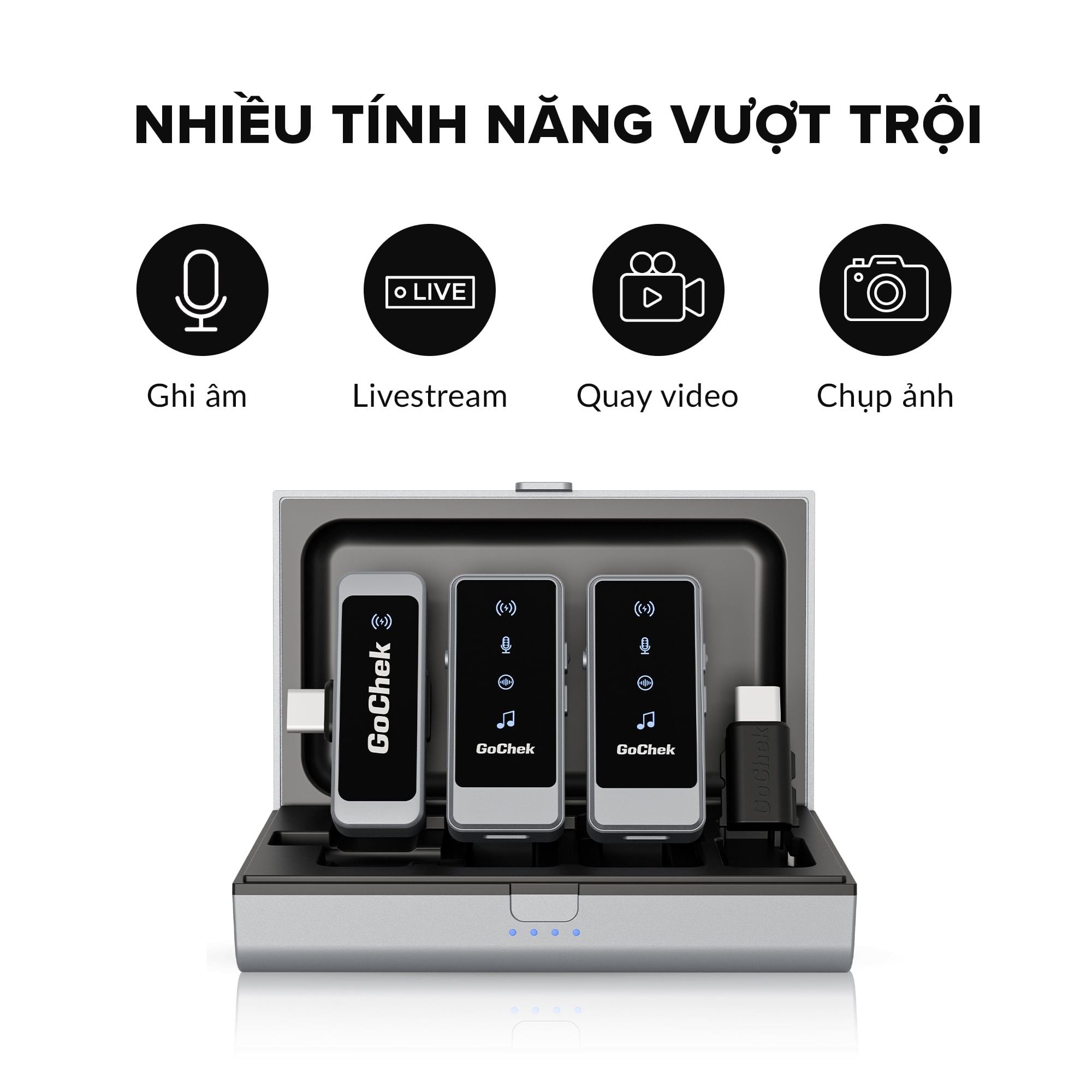 Micro thu âm Gocheck Ultra S24 - S2403, 2 đầu typeC + lighting, 2 Micro + Hộp sạc
