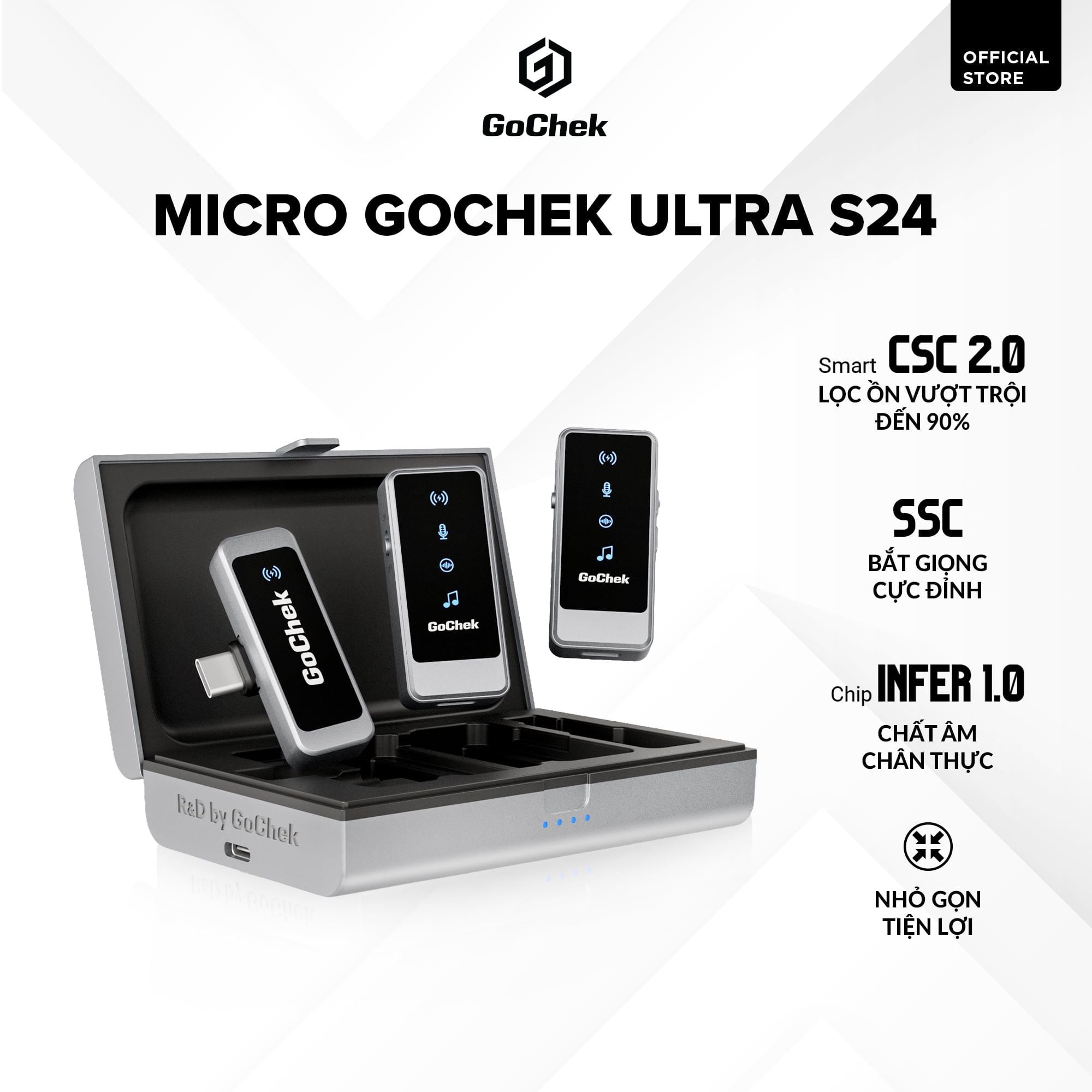 Micro thu âm Gocheck Ultra S24 - S2403, 2 đầu typeC + lighting, 2 Micro + Hộp sạc