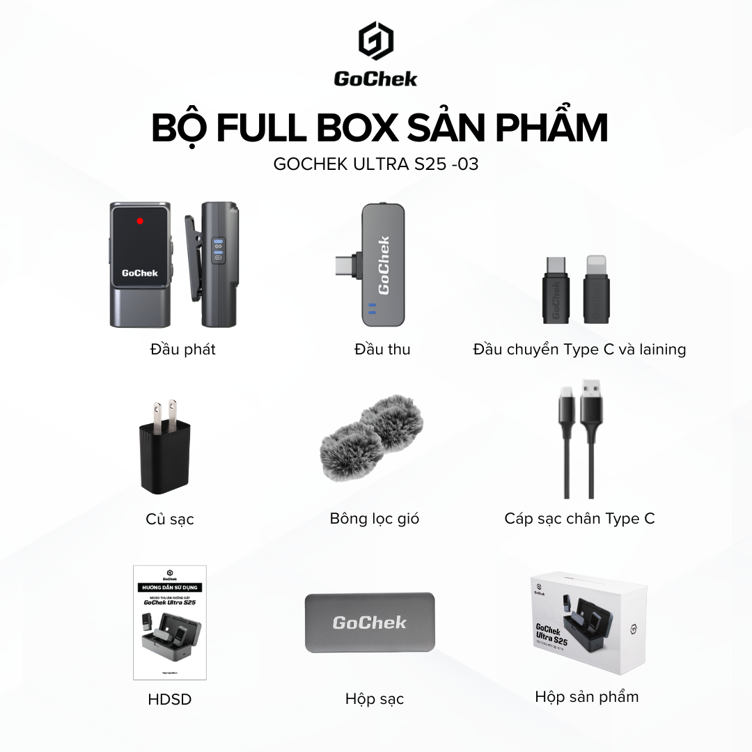 Micro thu âm Gocheck Ultra S25 - S2501, 2 đầu typeC + lighting, 1 micro