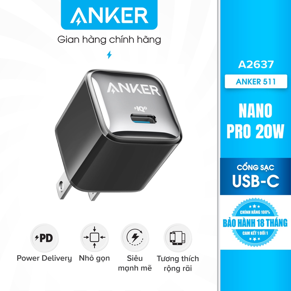 Cốc sạc TypeC Anker 511 Nano Pro 1C 20W A2637 - Nhiều màu