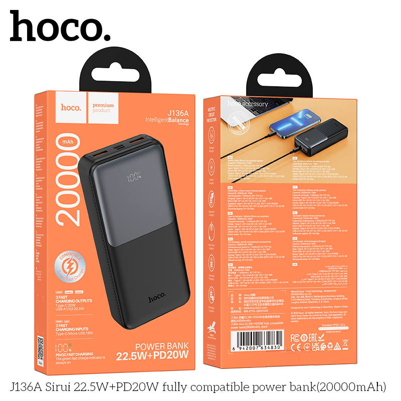 Sạc dự phòng Hoco J136A 20.000mah sạc nhanh 22,5w+ps20w màu inbox