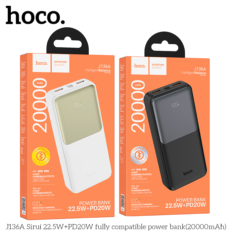 Sạc dự phòng Hoco J136A 20.000mah sạc nhanh 22,5w+ps20w màu inbox