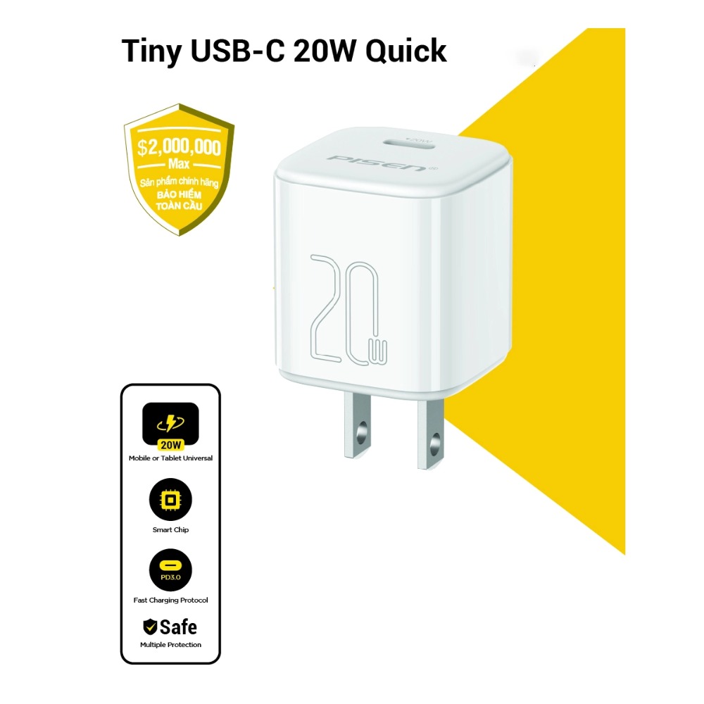 Cốc sạc TypeC Pisen TS-C165 20w QUICK- Mr White Tiny