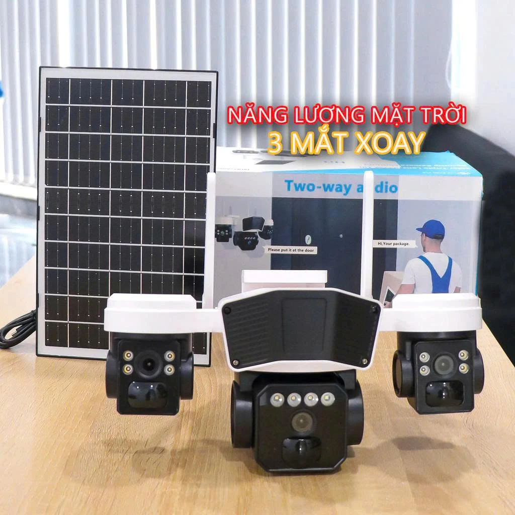 Camera 4G Okam T12 3 mắt, loại xịn 2 tấm Năng lượng mặt trời, tặng sim