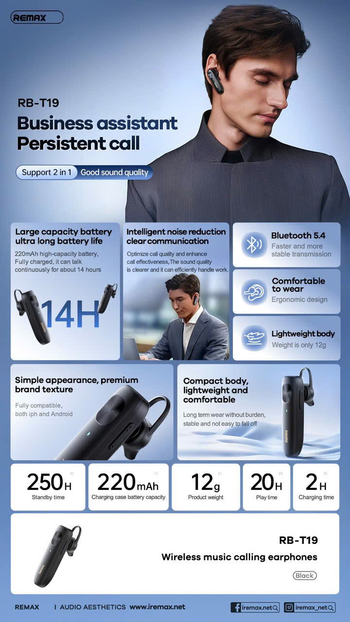 Tai nghe 1 tai bluetooth Remax RB-T19.