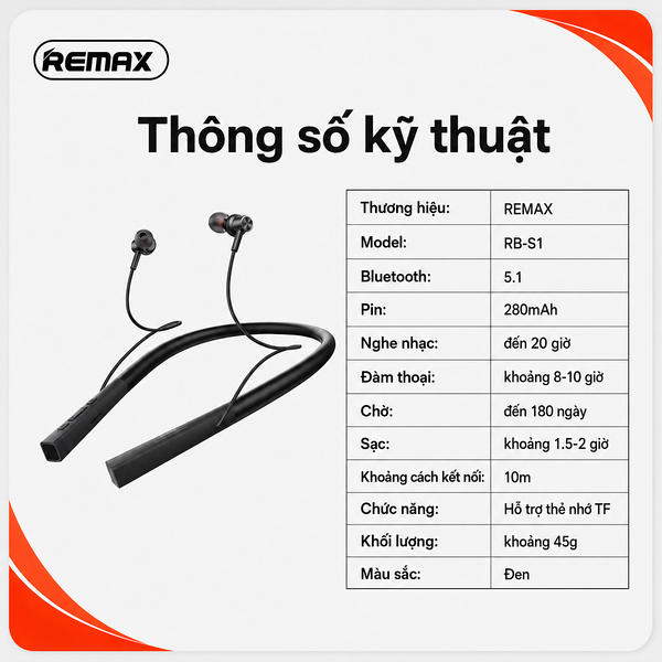 Tai Nghe thể thao Bluetooth Vòng Cổ Remax RB-S1.