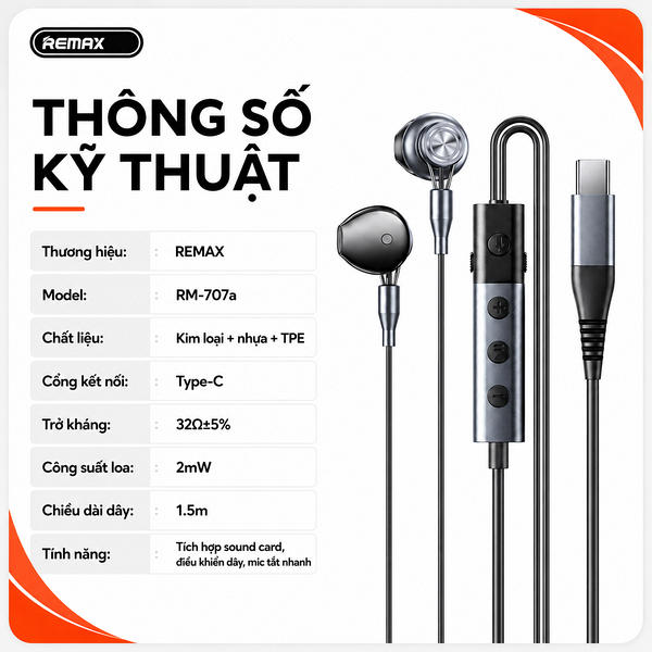 Tai nghe dây đầu typeC cắm dây Remax RM-707a (tích hợp sound card).