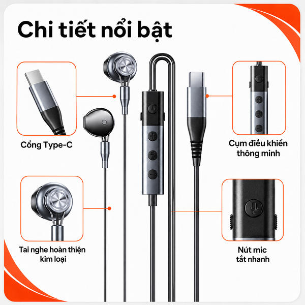 Tai nghe dây đầu typeC cắm dây Remax RM-707a (tích hợp sound card).