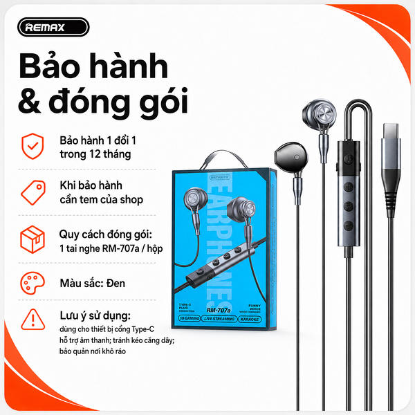 Tai nghe dây đầu typeC cắm dây Remax RM-707a (tích hợp sound card).